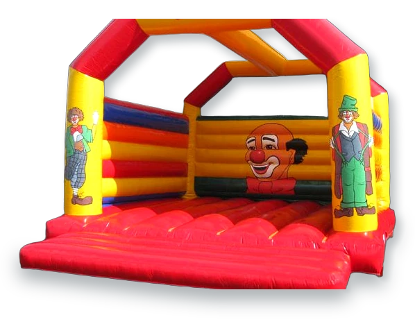 Stor klassisk hoppborg i rött, gult och blått med clownmotiv