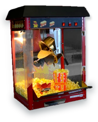 Röd popcornmaskin i retrostil fylld med popcorn